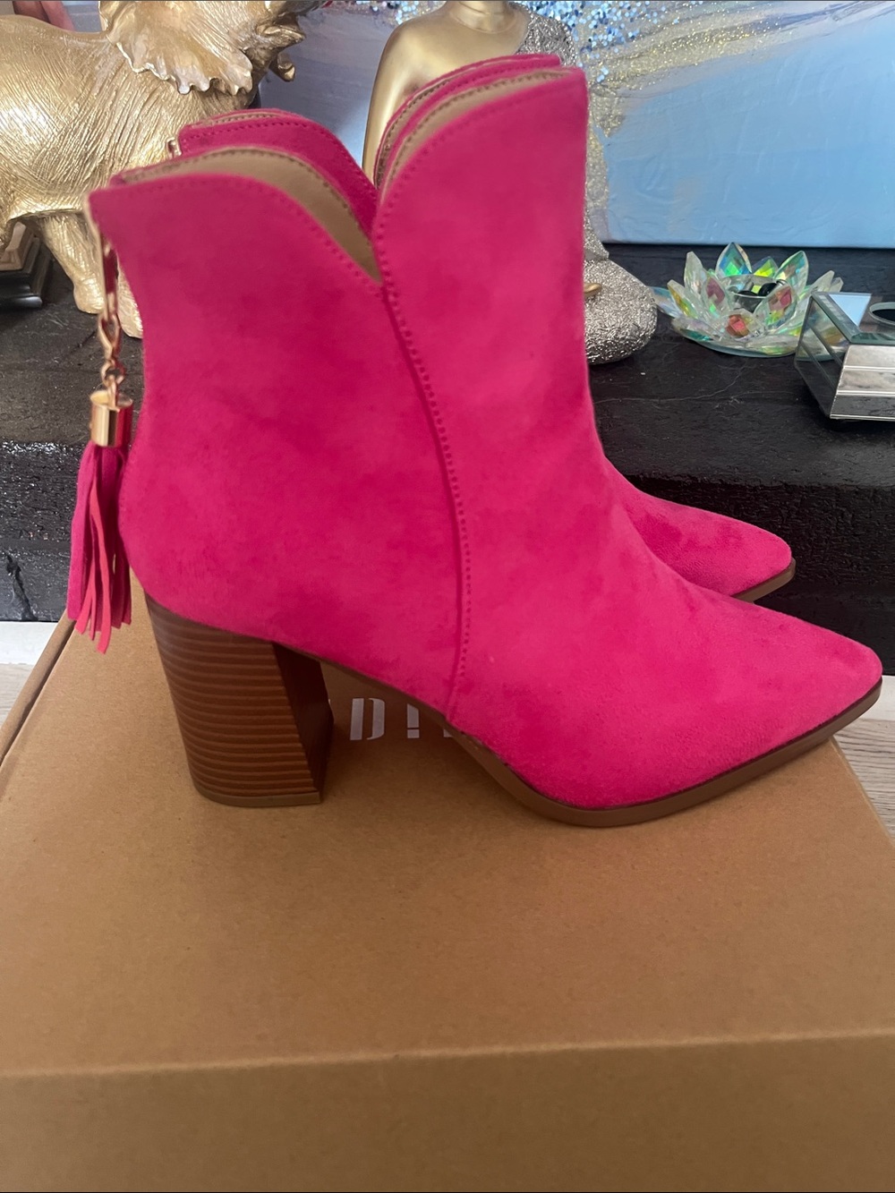 Suede Tassel Block Heel Ankle Boots in Bright Pink